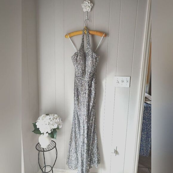 Camille La Vie Silver Sequin Halter Gown | Formal Prom Dress with Train | Size 6 - Picture 2 of 11
